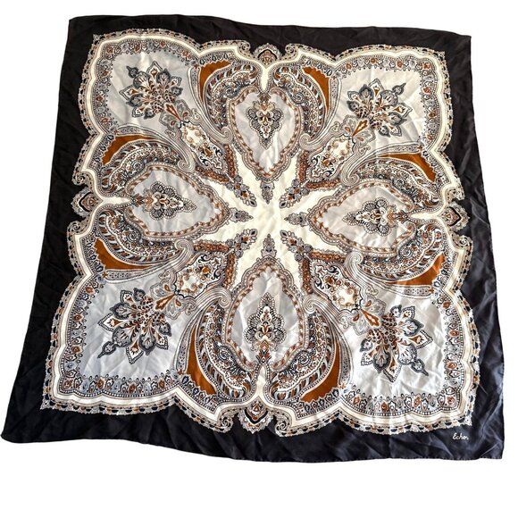 VTG Echo Paisley Floral Square Scarf Women One Size Elegant Black Silver Brown - Picture 1 of 5